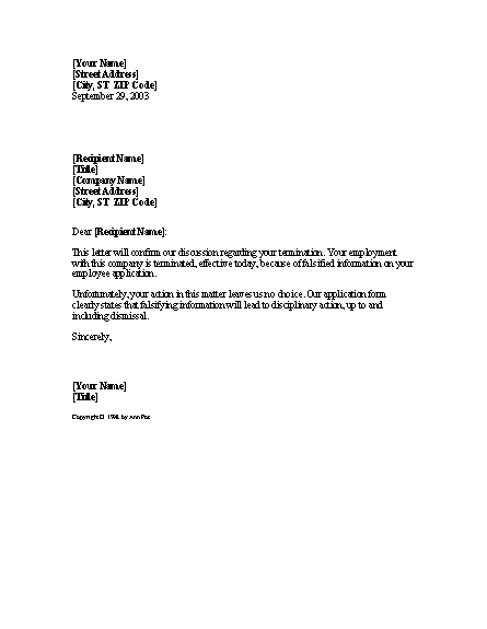 falsifying information termination notice template termination notification letter