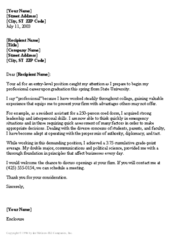 cover letter templates entry level